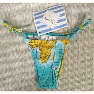 Salinas Bikini Bottom Women Size S Blue Yellow Map Pattern Side Ties New w Tags